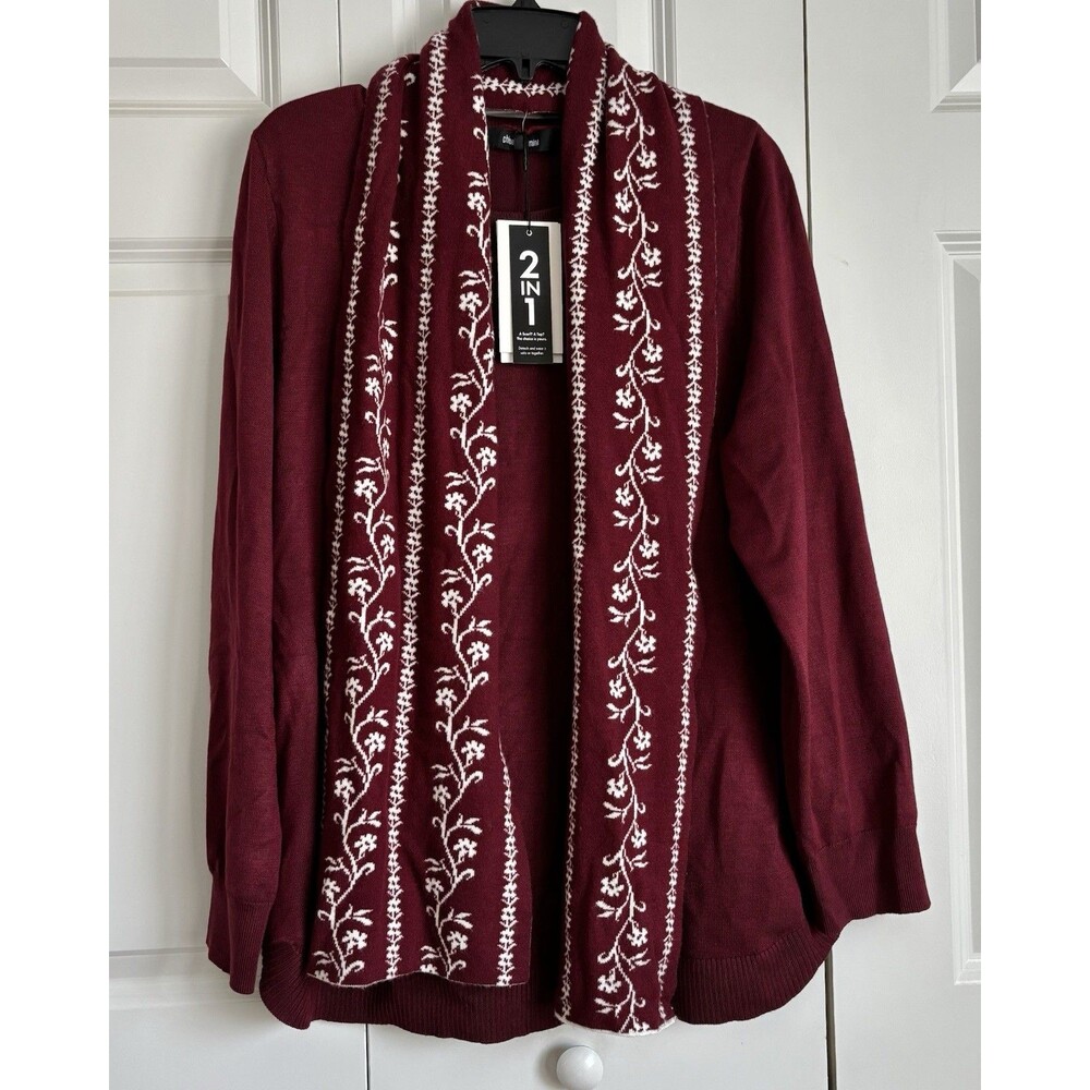WOMEN'S SWEATER SIZE XL PULLON CHLOE+JASMINE TOP AND SCARF BURGANDI LONG SLEEVE